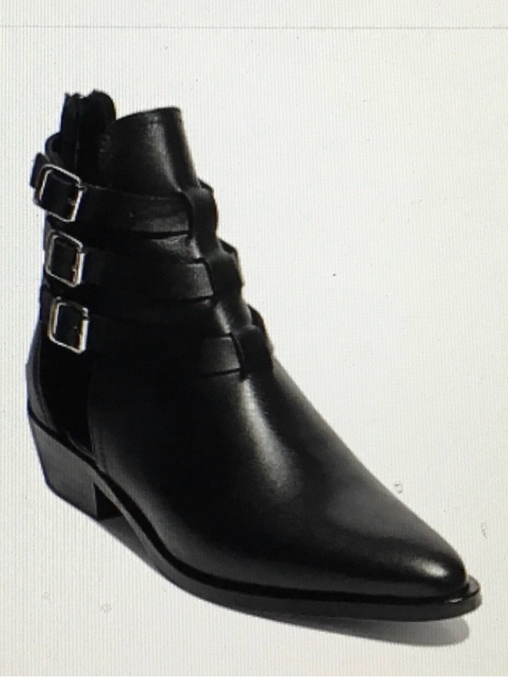 All Saints Naomi Bootie- Black Leather Pointed Ankle Boot with Triple Buckles